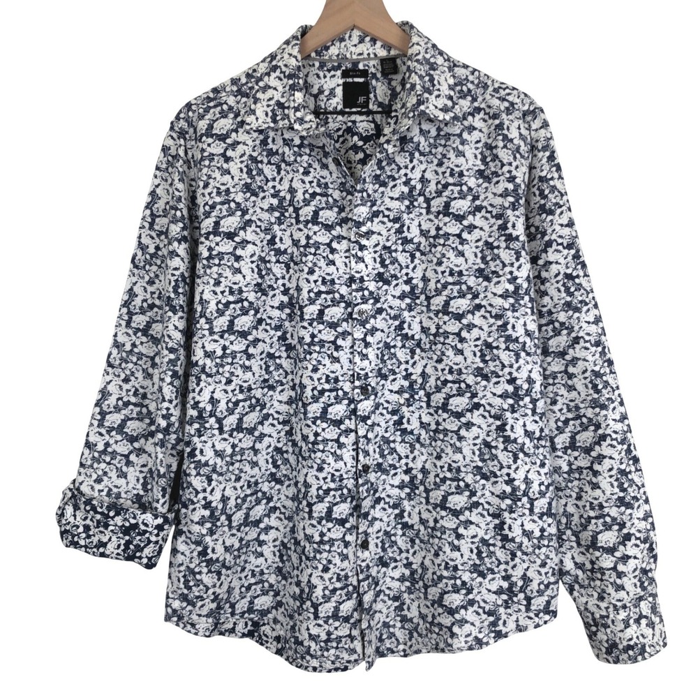 J.FERRAR‎ Slim Fit Linen Blend Shirt Men's L Navy White Floral Button Up L/S EUC